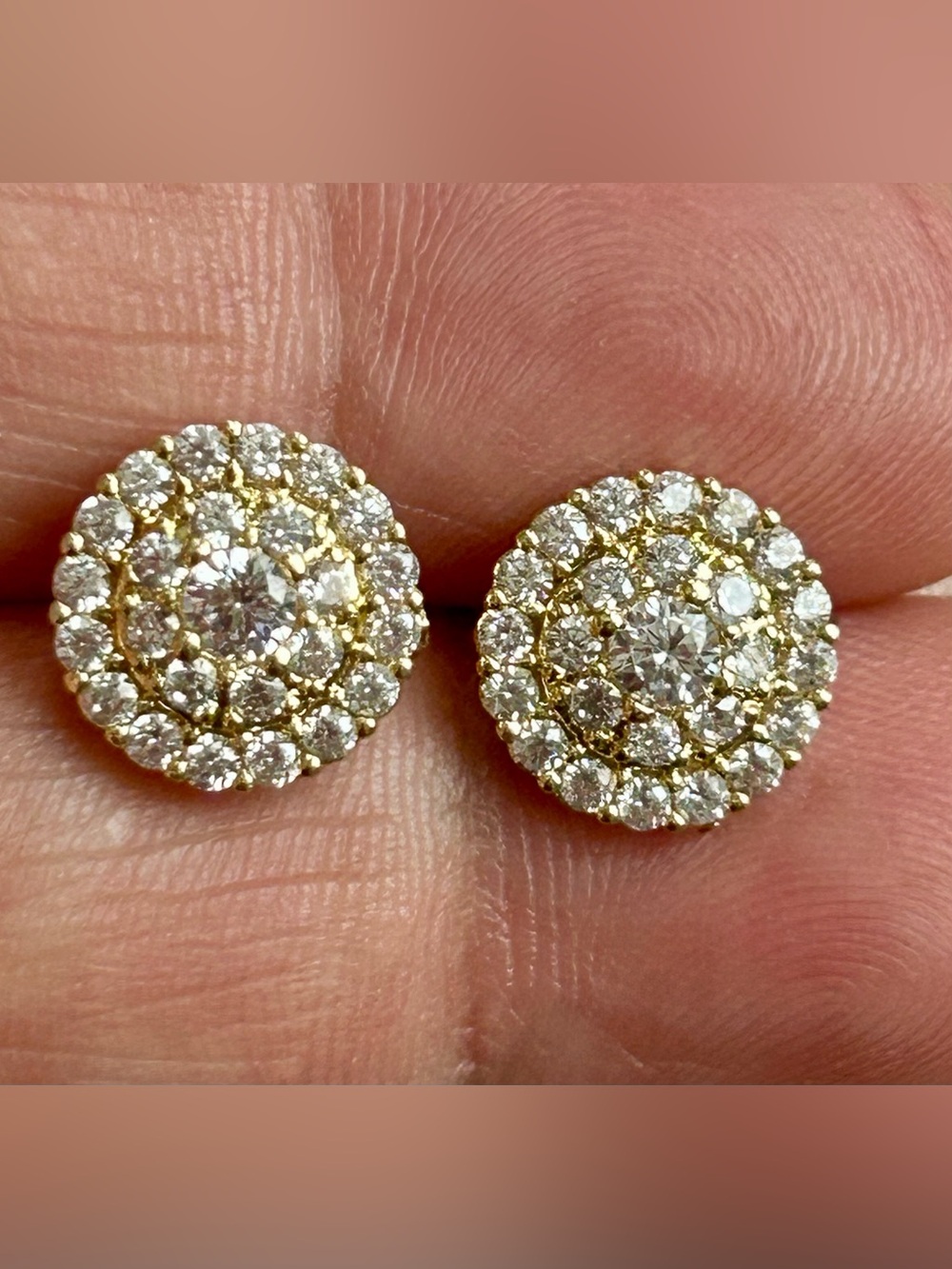 14K Gold plated Tone Round Halo Diamond Stud Earrings